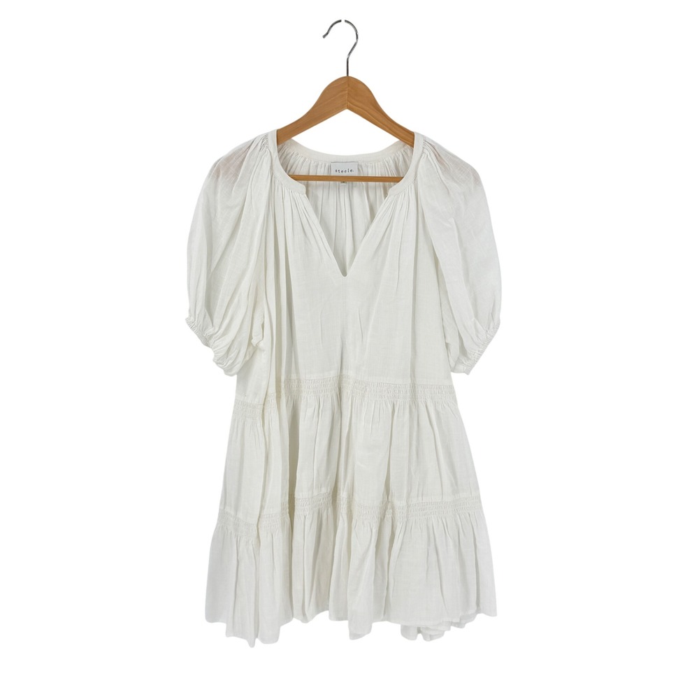 Anthropologie Steele‎ Tiered White Mini Dress Medium Puff Sleeve Smocked Prairie